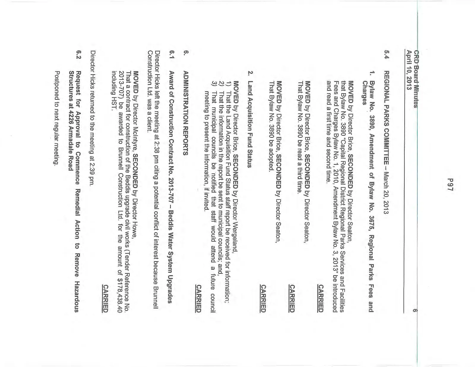 Sixth page of minutes covering Regional Parks fees, land acquisition, and Beddis Water System contract