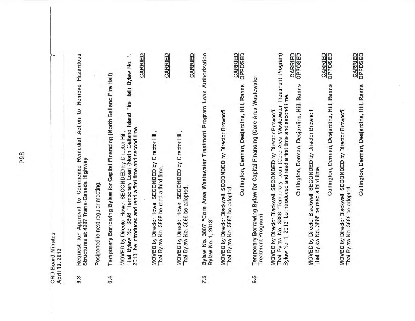 Seventh page of minutes covering remedial actions, borrowing bylaws for Galiano fire hall and wastewater, and opposition recorded