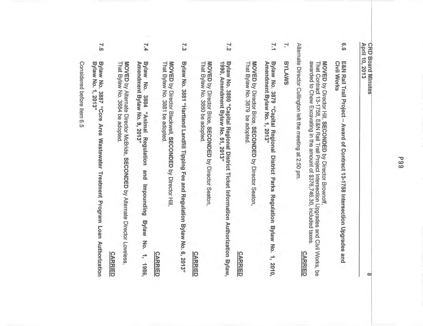 Eighth page of minutes covering E&N Rail Trail contract and various bylaw adoptions