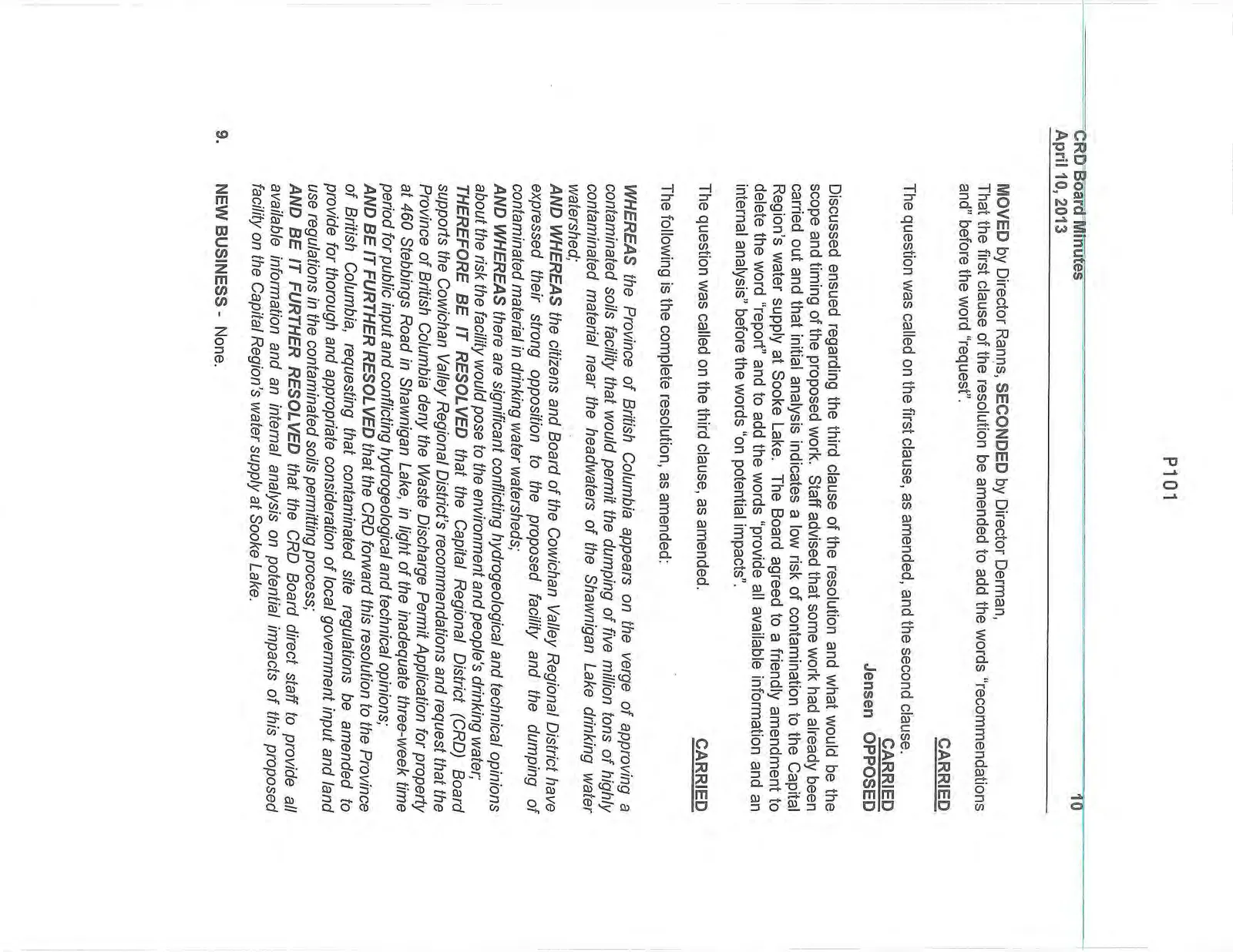 Tenth page of minutes with the final wording of the Shawnigan Lake resolution and start of new business