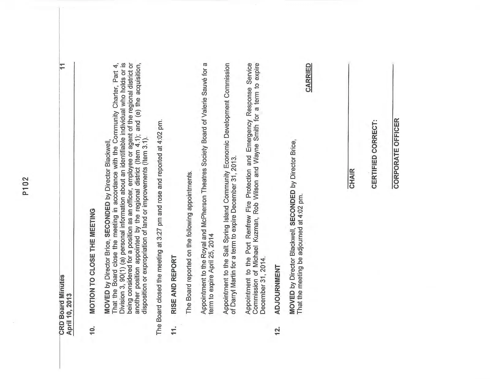 Eleventh page of minutes covering closing the meeting, appointments, and adjournment