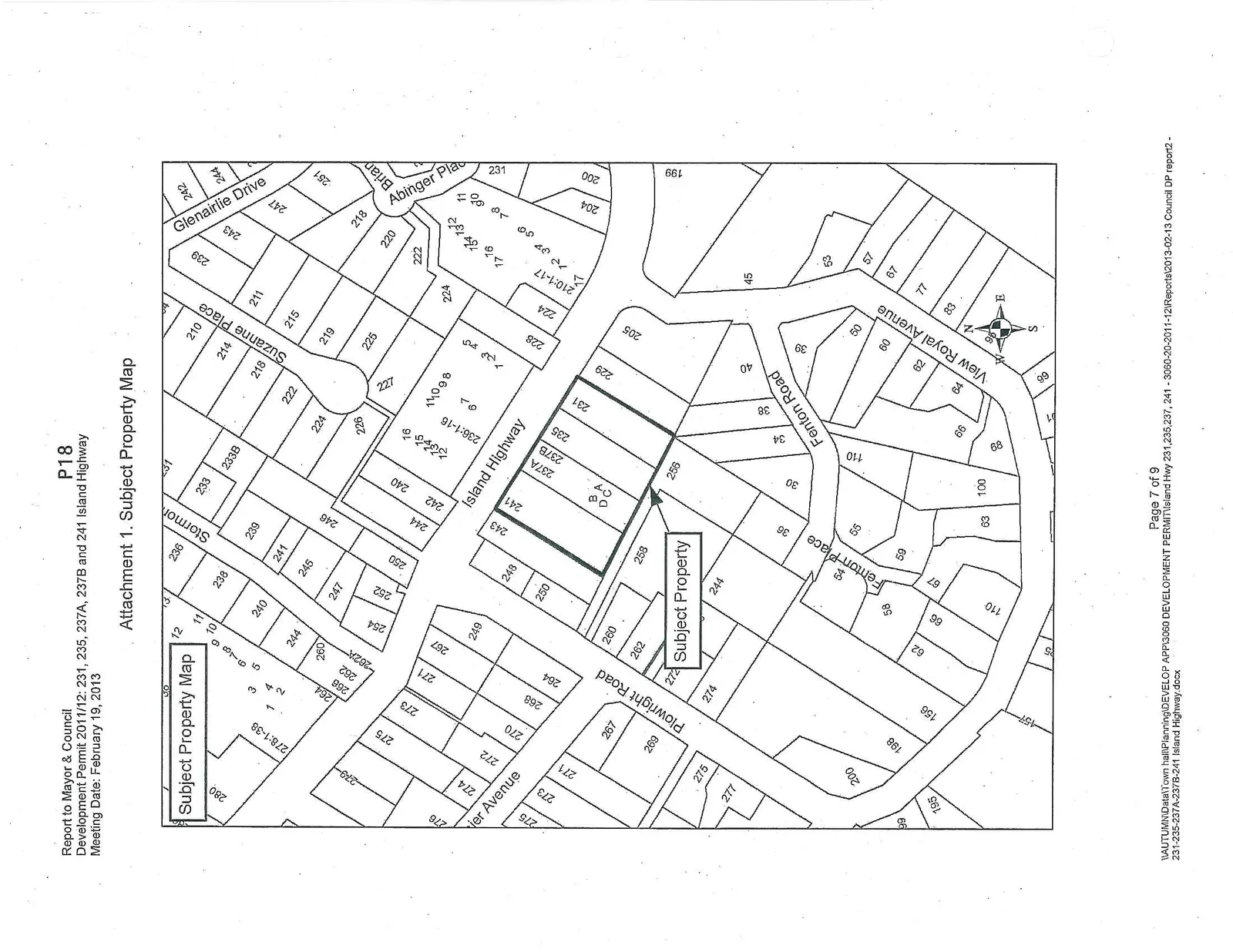 A map highlighting the subject property located at 231, 235, 237A, 237B, and 241 Island Highway. The map shows surrounding lots and streets including Island Highway, Plowright Road, Fenton Road, Fenton Place, View Royal Avenue, Suzanne Place, and Glenairlie Drive.