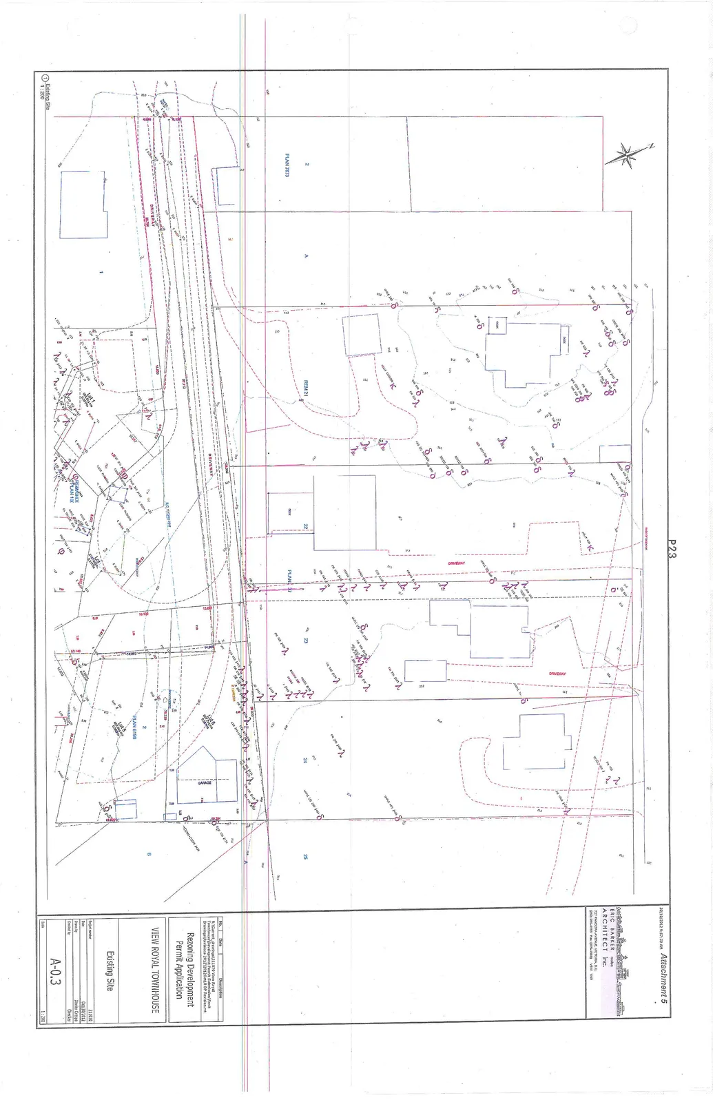 Architectural site plan showing the existing conditions of a property, including boundaries for Lots 21, 22, 23, 24, and 25. The plan details existing building footprints, driveways, a garage, various elevation markers, and extensive vegetation mapping.