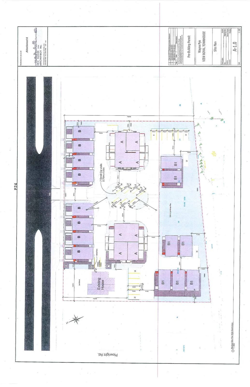Revised Site Plan with Subdivision for the View Royal Townhouse project at a scale of 1:200. The plan shows building footprints labeled A, B, and B1, an existing house, parking areas including '7 Small Car stalls', and road access from Old Island HWY and Plowright Rd. Dimensioned setbacks and property lines are indicated.