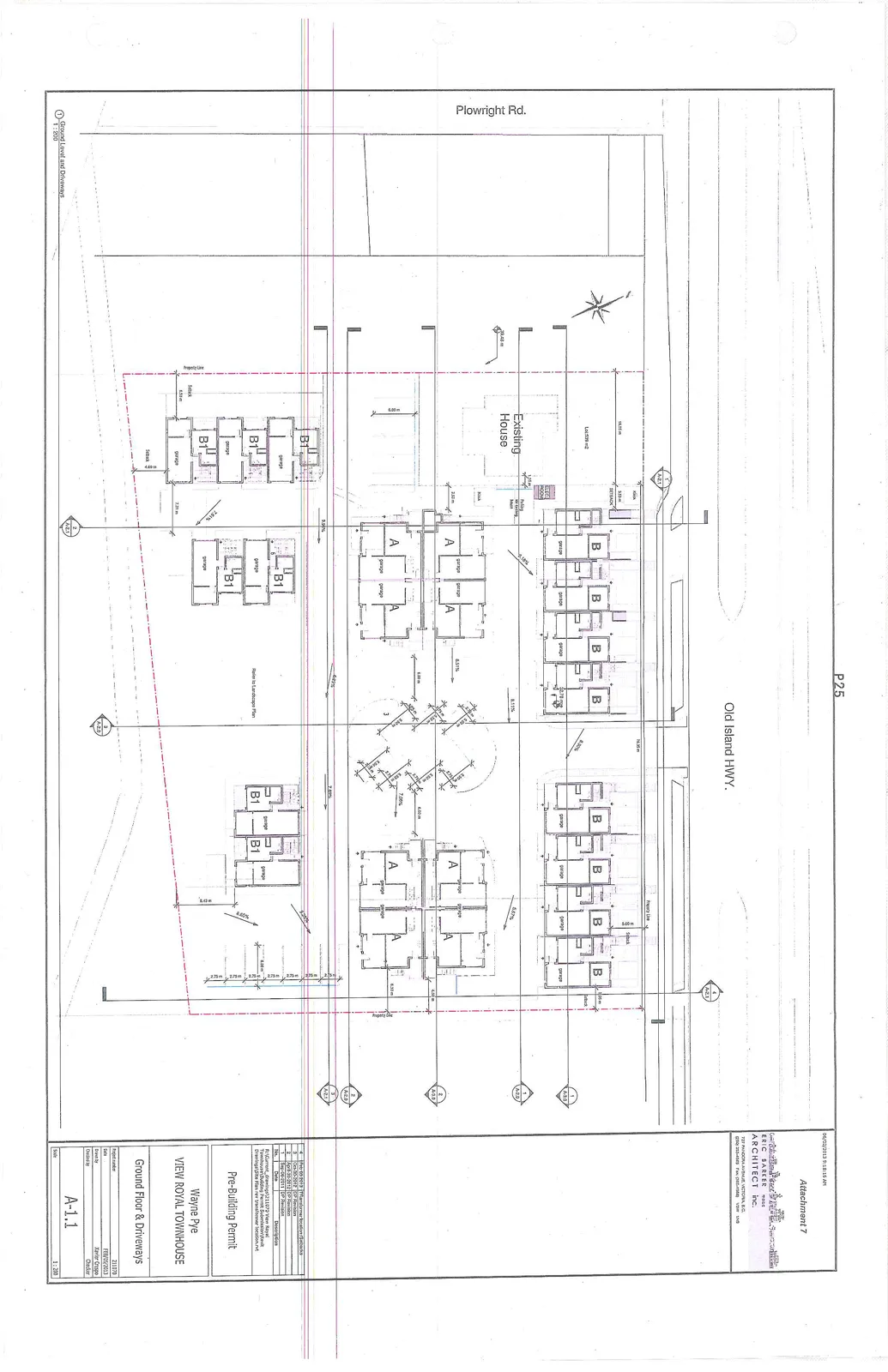 Architectural site plan titled "Ground Floor & Driveways" for the View Royal Townhouse project. The plan illustrates a development site located between Old Island HWY and Plowright Rd. It features an "Existing House" and several new townhouse building clusters labeled A, B, and B1, each with designated garage spaces. The drawing includes property setbacks (e.g., 18.55 m, 19.35 m, 3.53 m), driveway slope percentages (8.11%, 5.67%, 7.09%, 9.30%, 7.41%), and a north arrow.