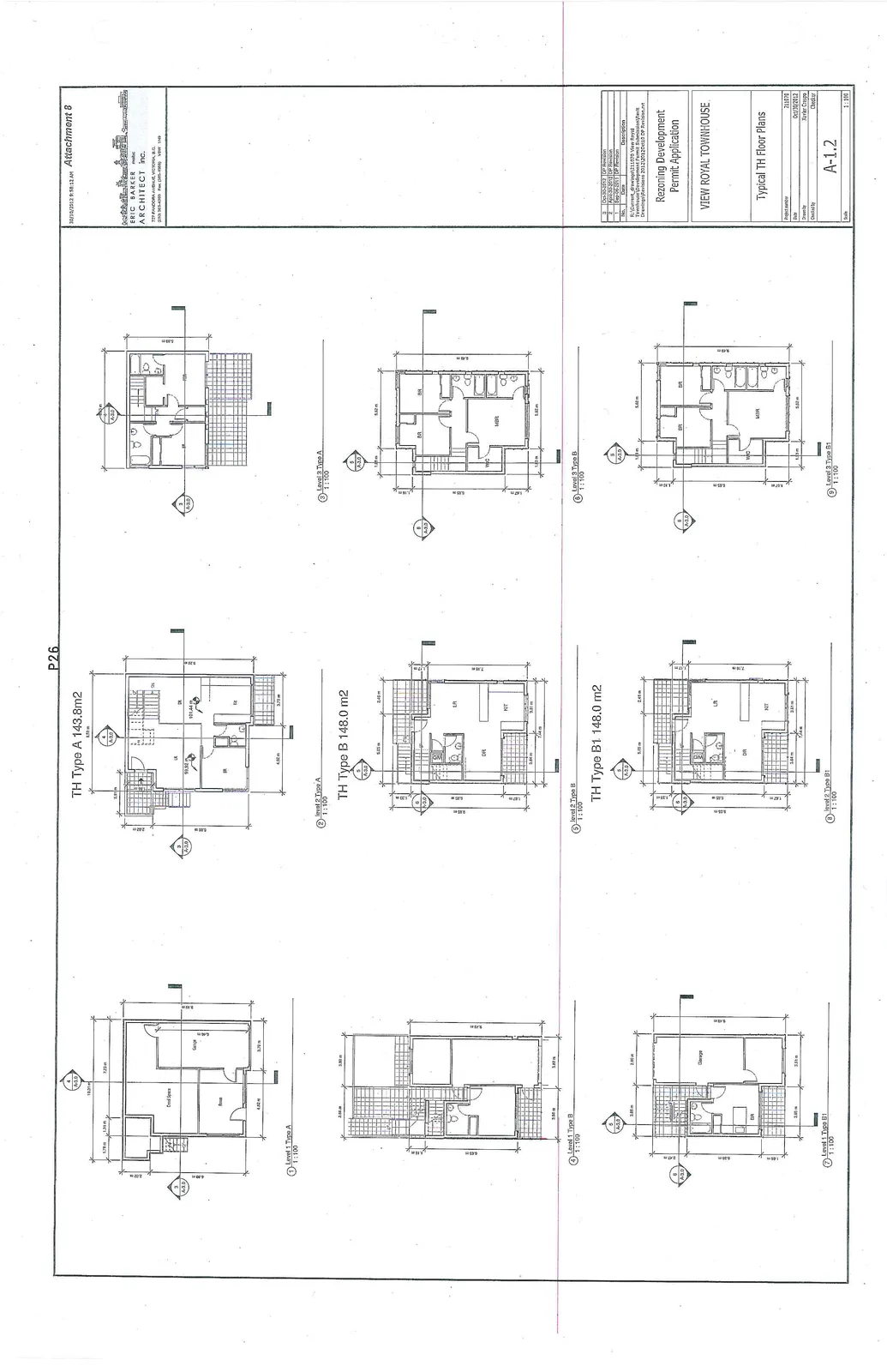 Architectural drawing sheet A-1.2 displaying nine detailed floor plans for three townhouse variations: TH Type A (143.8m2), TH Type B (148.0 m2), and TH Type B1 (148.0 m2). Each type is shown across three levels at a 1:100 scale, including interior layouts for garages, living areas, kitchens, and bedrooms.