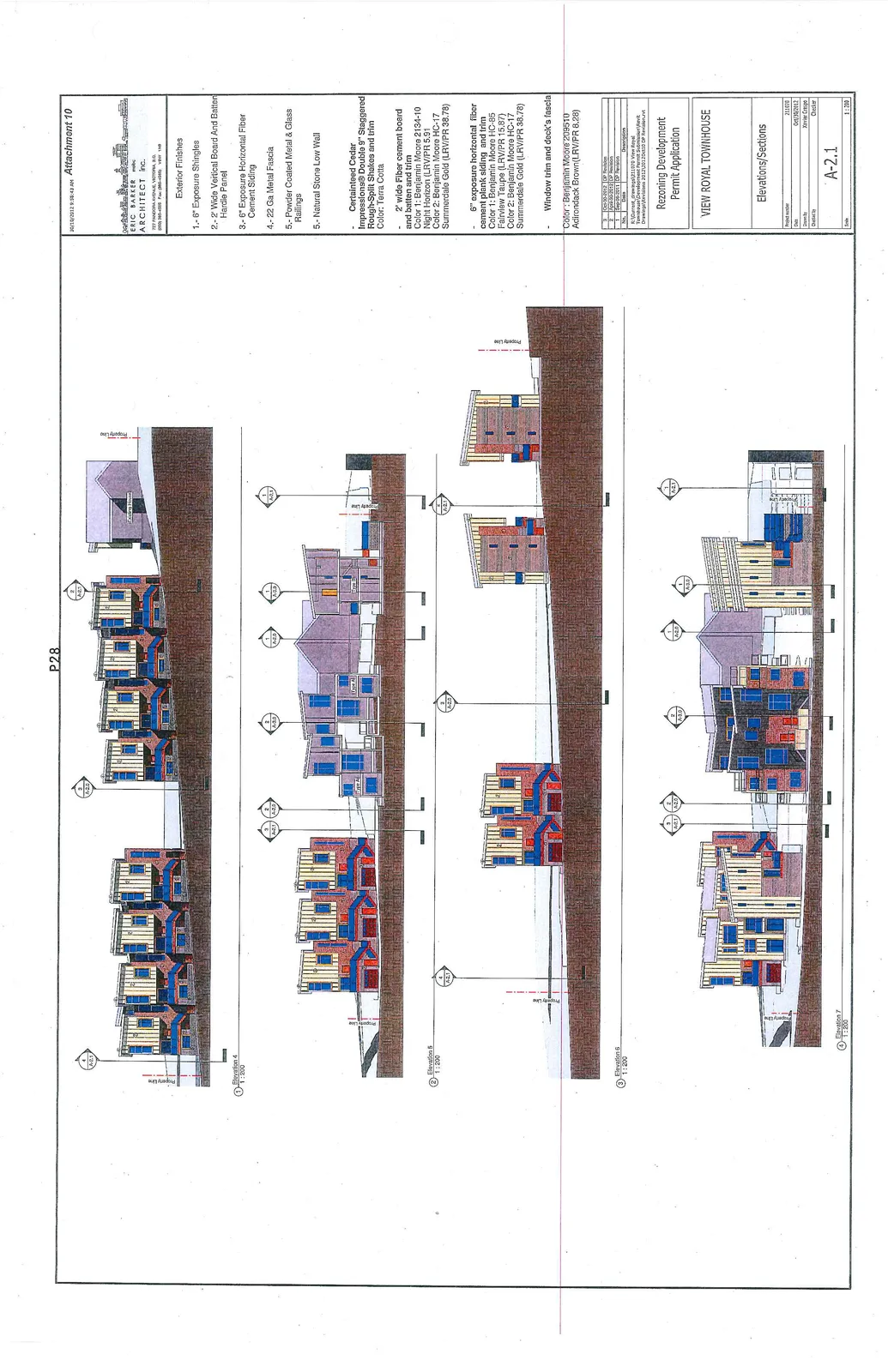 Detailed architectural elevation drawings for a multi-unit townhouse project labeled Elevation 4 through Elevation 7, showing building facades, sloped topography, property lines, and material callouts.