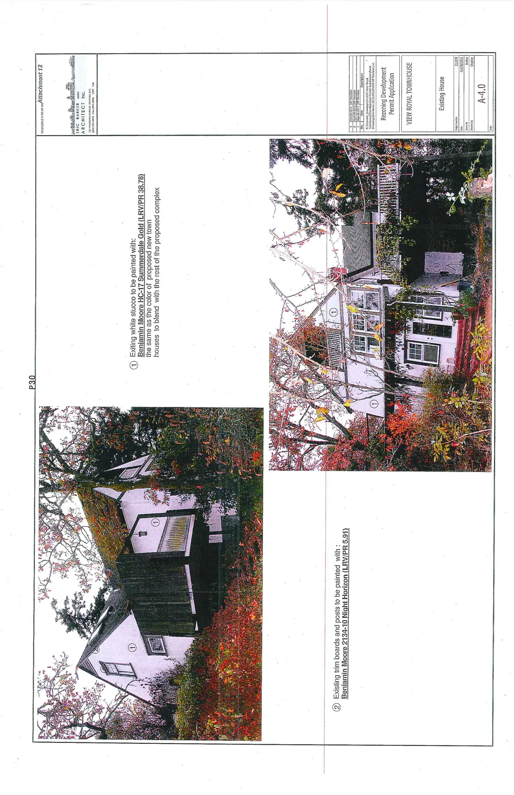Top photograph of the existing house exterior with numeric callouts for paint colors