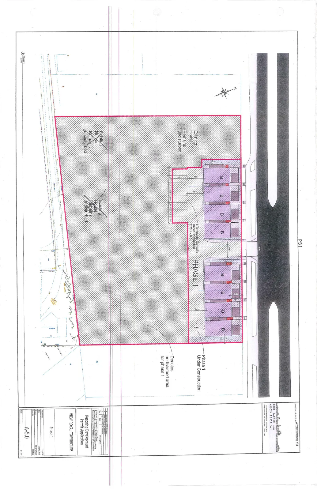 Site plan for Phase 1 of the View Royal Townhouse development, illustrating two blocks of townhouses under construction, temporary car stalls, and large hatched areas designating existing houses to remain undisturbed.