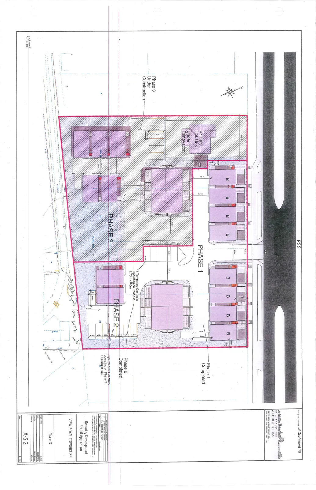 Architectural site plan for View Royal Townhouse showing Phase 1 (Completed), Phase 2 (Completed), and Phase 3 (Under Construction). The plan includes building footprints, unit layouts, parking stalls, and existing structures.