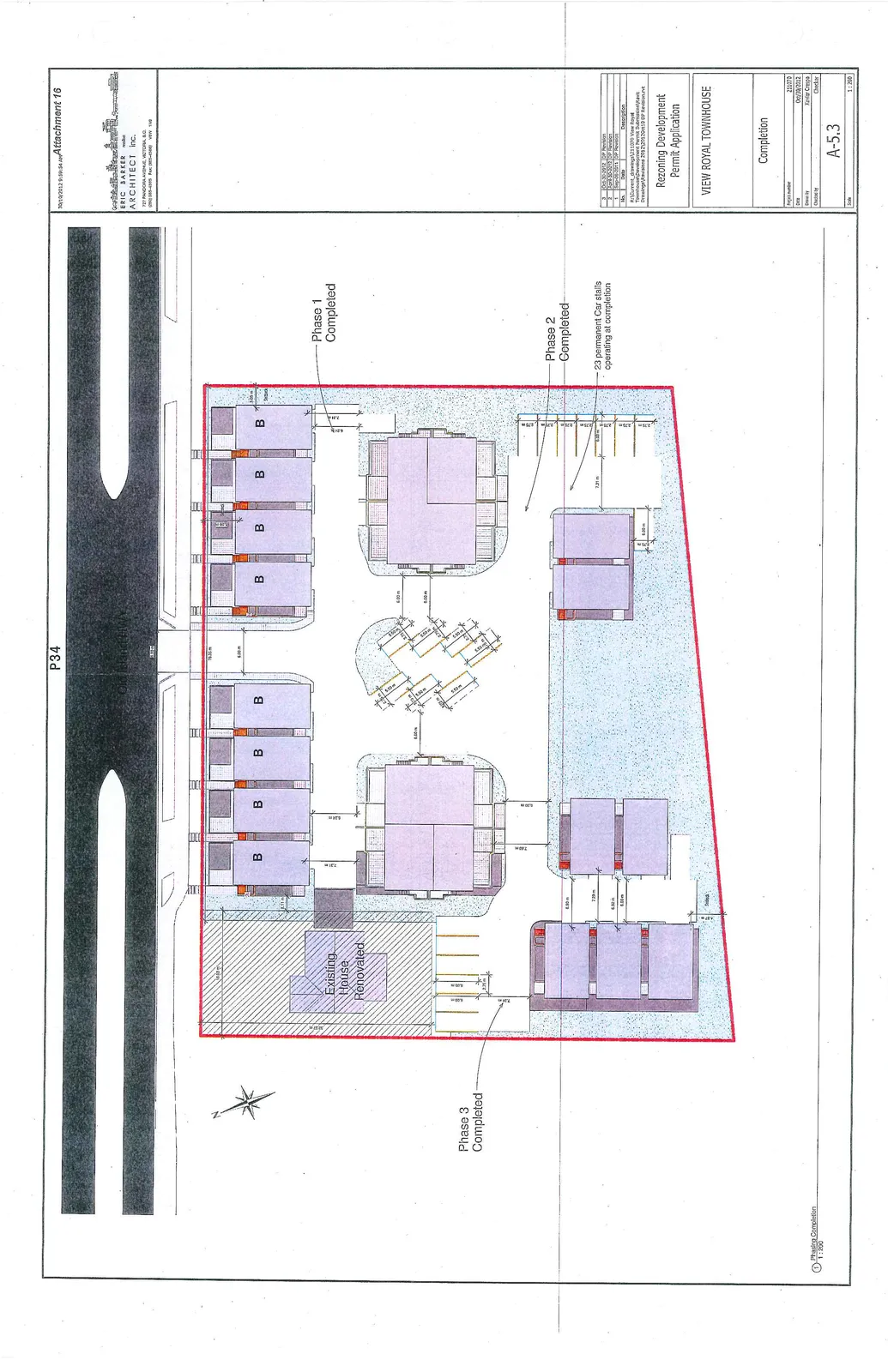 Site plan layout for View Royal Townhouse development showing three phases of construction, townhouse buildings labeled 'B', an existing renovated house, landscaping, and 23 permanent car stalls.