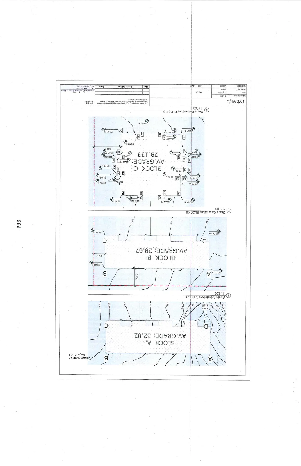 Diagrams showing grade calculation points and building outlines for Blocks A, B, and C