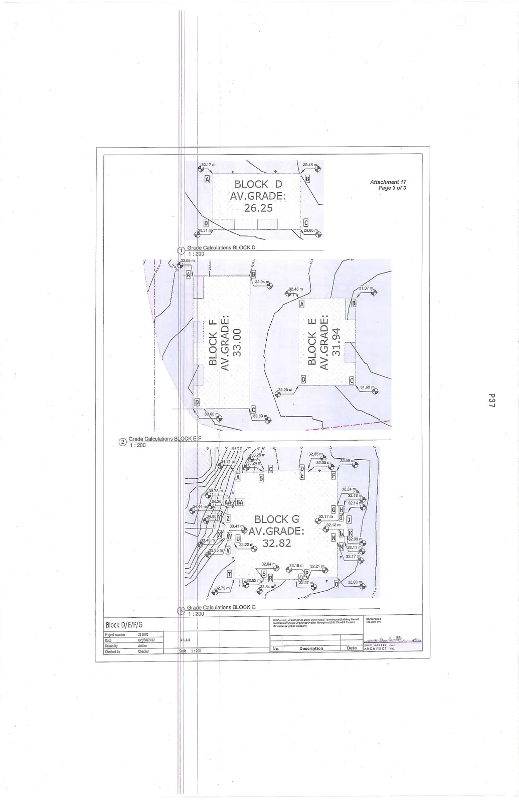 Diagrams showing grade calculation points and building outlines for Blocks D, E, F, and G