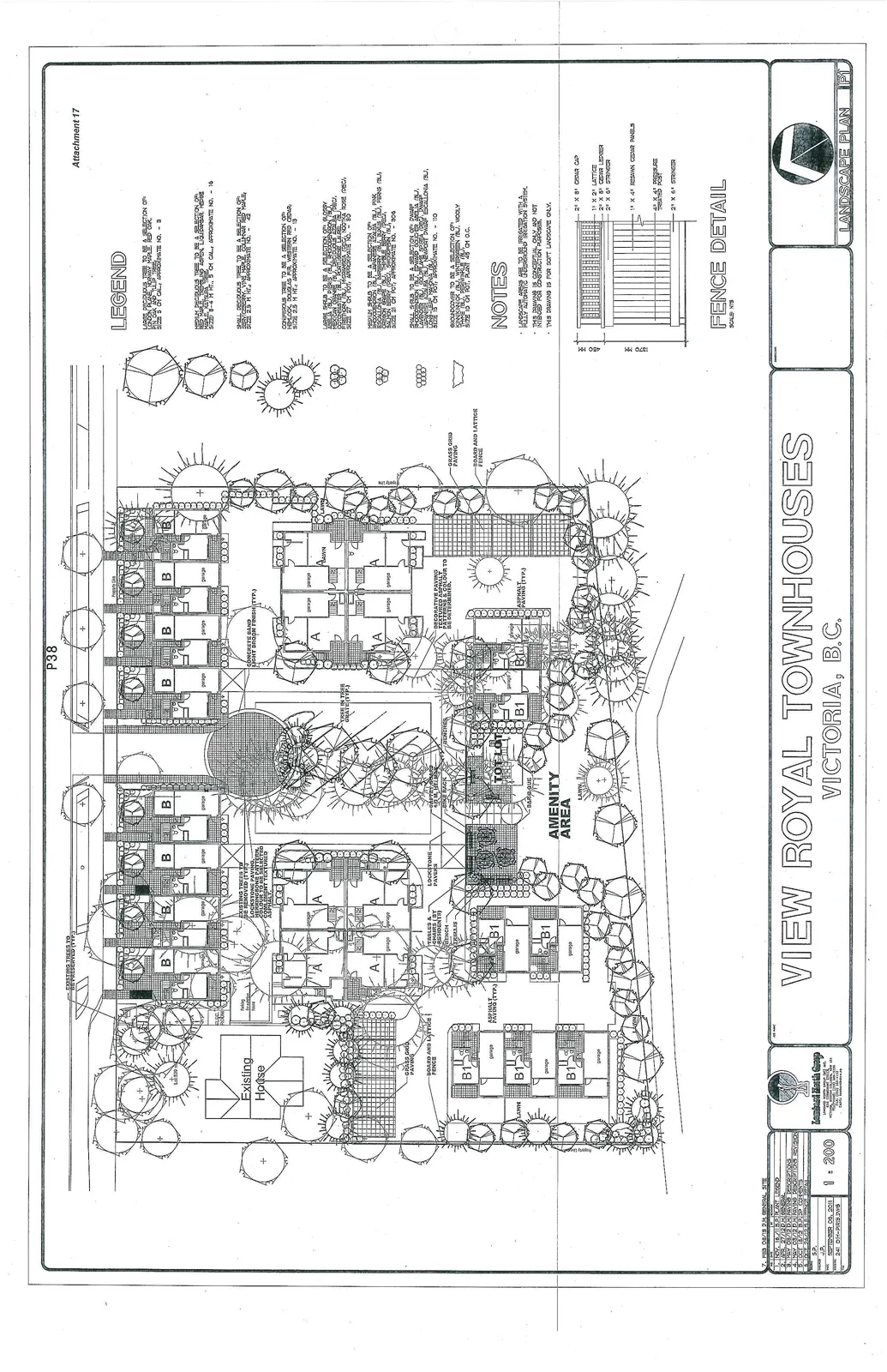 Landscape plan for View Royal Townhouses showing building footprints for Existing House, Townhouses A, B, and B1, garages, amenity areas, paving details, and tree/shrub locations.