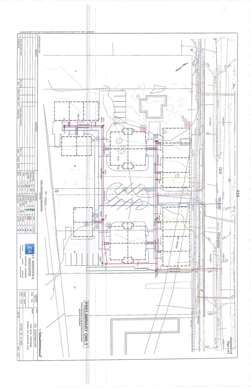 Overall Site Servicing Plan showing the building site layout, proposed utility lines for water, sewer, and drain, and their connections to the existing infrastructure along Old Island Highway.