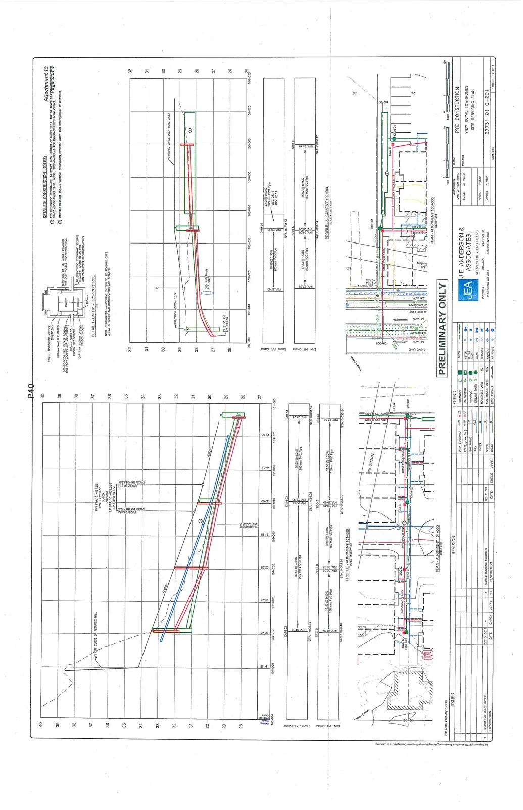 Site Servicing Plan featuring detailed profile and plan views for Alignments 101+000 and 100+000, including a flow control manhole detail (DETAIL 1 - DMH 01).