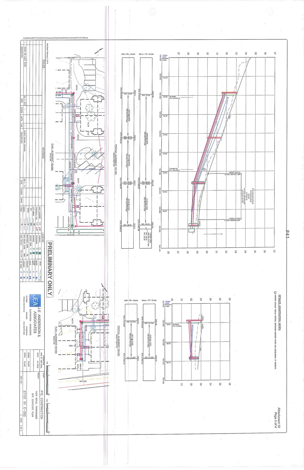 Site Servicing Plan displaying profile and plan views for Alignments 102+000 and 103+000, illustrating pipe grades and manhole elevations.