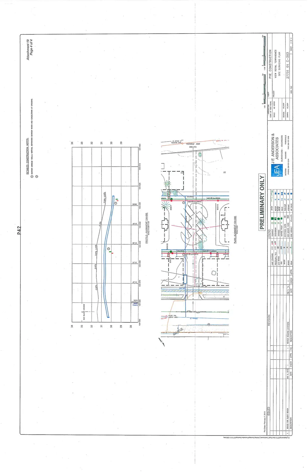 Site Servicing Plan showing the profile and plan view for Alignment 104+000 along Old Island Highway.