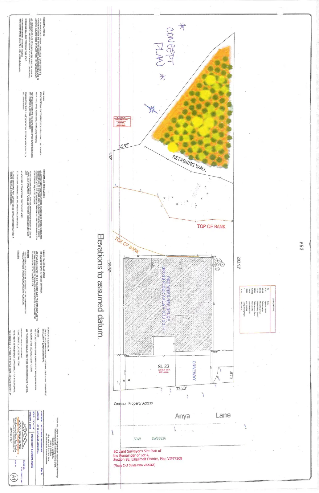 Site plan for Lot 22, Anya Lane, featuring a proposed residence with a gross floor area of 3818 sq ft, driveway, retaining wall, and landscaping designated as "Concept Plan". The plan includes topographical markers such as "Top of Bank" and "Toe of Bank" and dimensions like 203.92' and 139.28'.