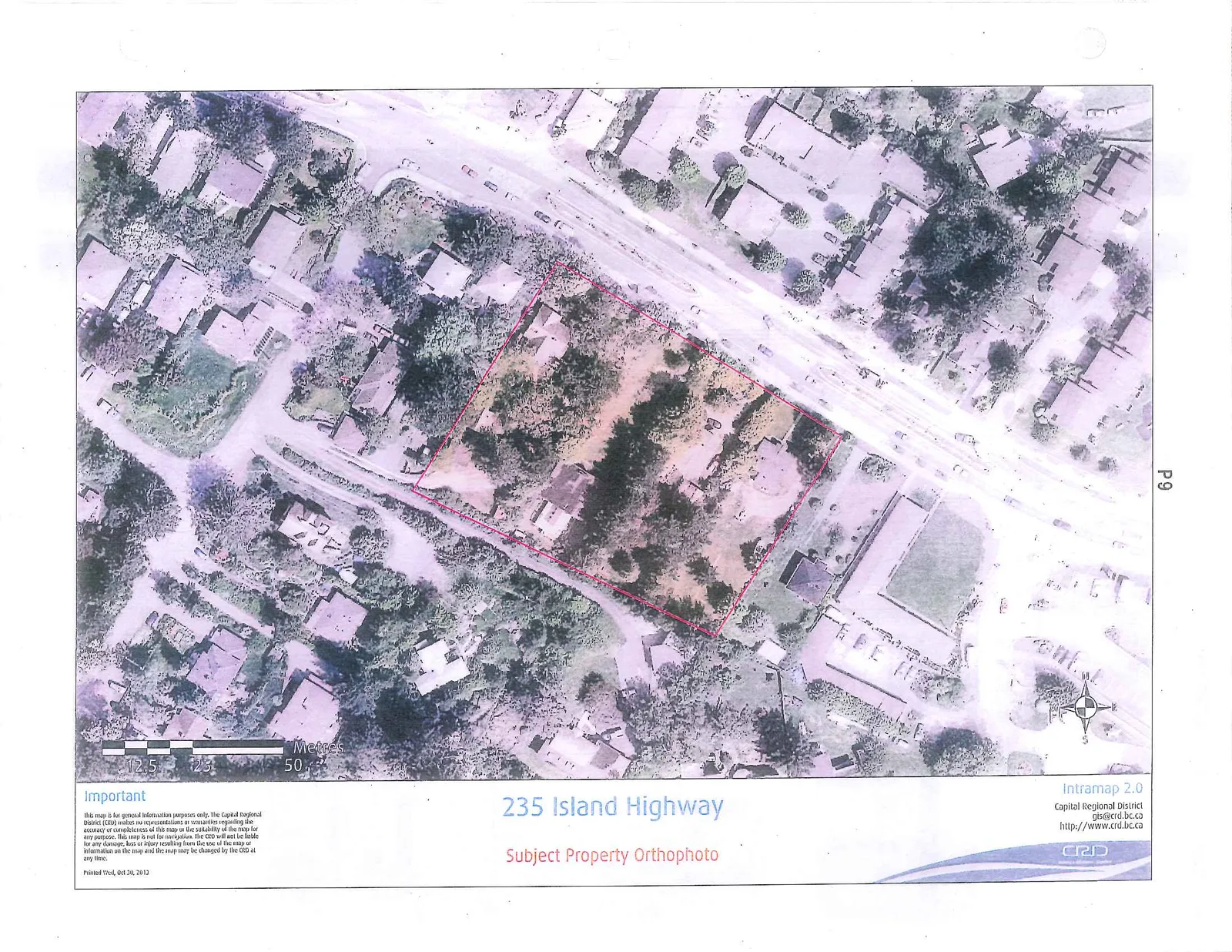 Aerial orthophoto showing the subject property at 235 Island Highway outlined in red, including surrounding roads, buildings, and a scale bar in meters.