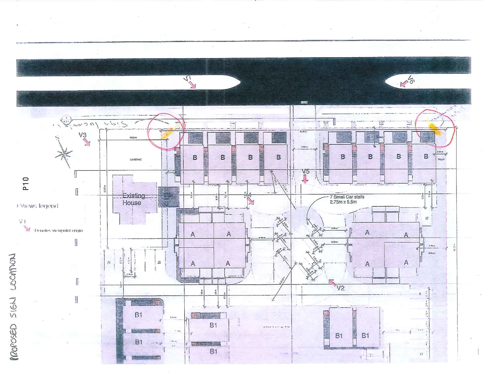 Site plan detailing building layouts for types A, B, and B1, an existing house, parking configurations, and proposed sign locations circled in red.