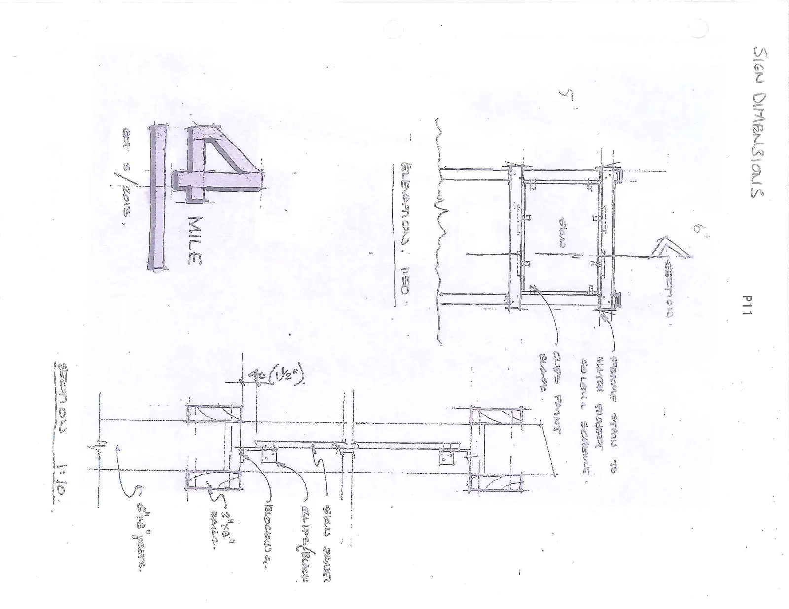 Hand-drawn technical sketch of a sign showing elevation and section views with dimensions and material notes.