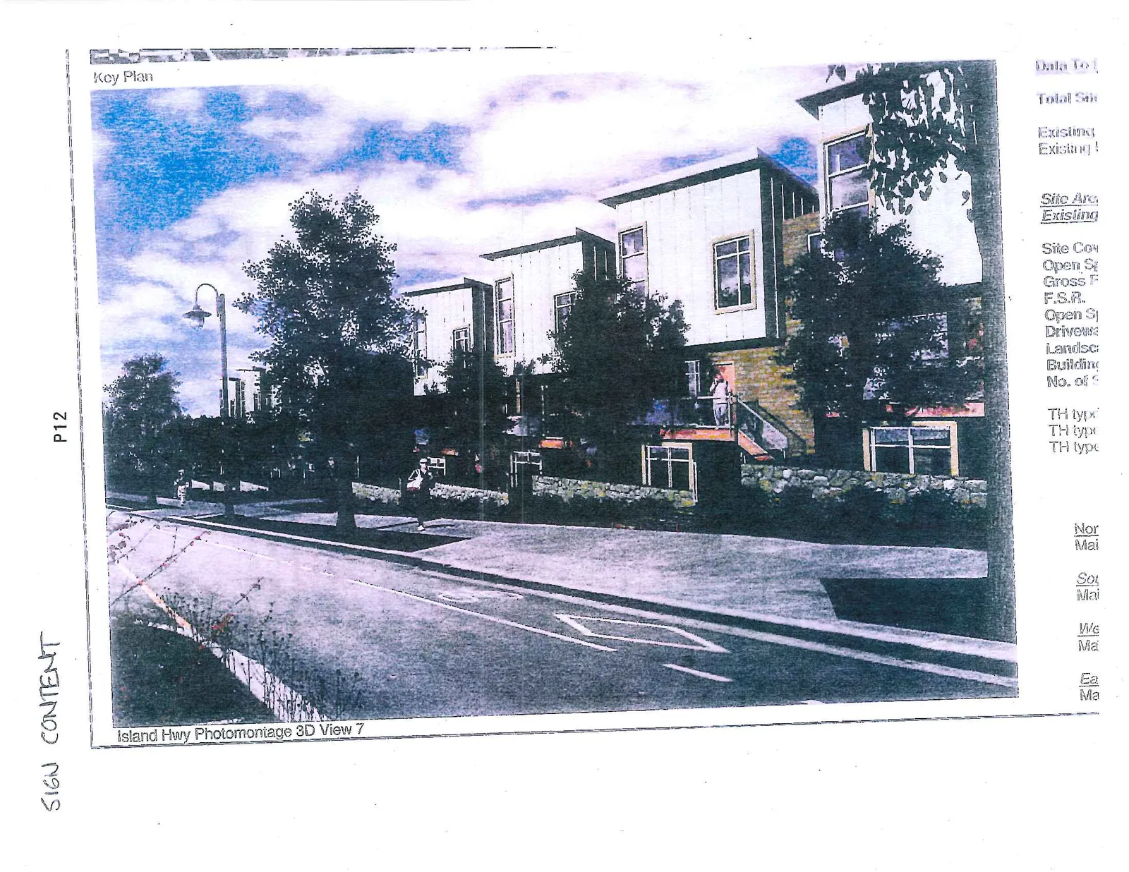 Island Hwy Photomontage 3D View 7 showing architectural renderings of multi-story residential buildings along a road with a bicycle lane, sidewalk, and landscaping.