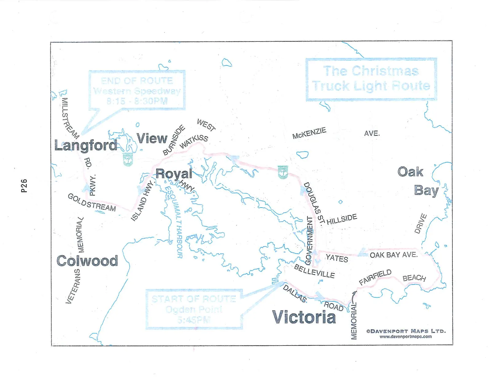 A map showing the Christmas Truck Light Route through various municipalities in Greater Victoria, with marked start and end points and timing.