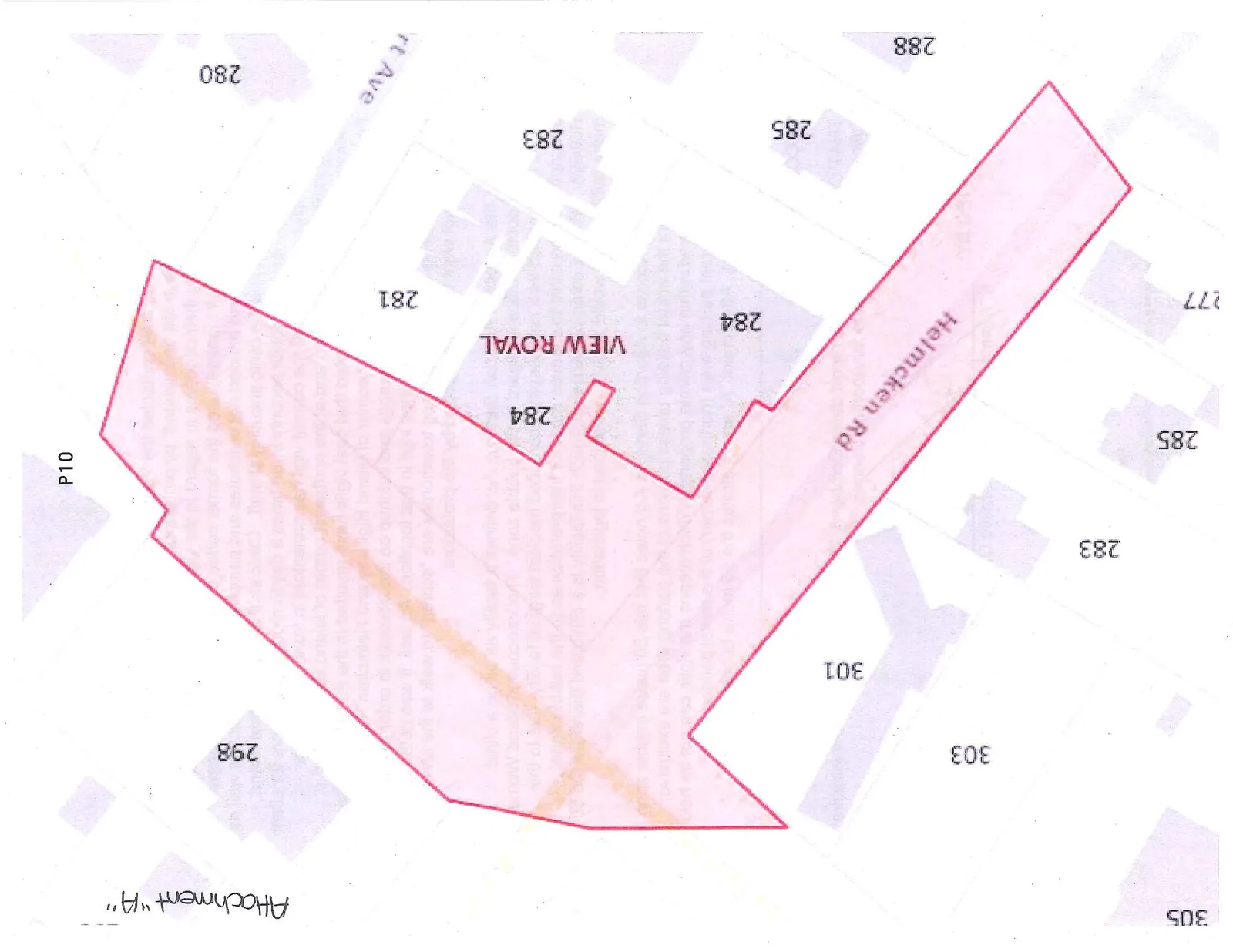 Map showing a pink-shaded area designated as a "bubble zone" along Helmcken Rd in View Royal, encompassing portions of several properties and the roadway.