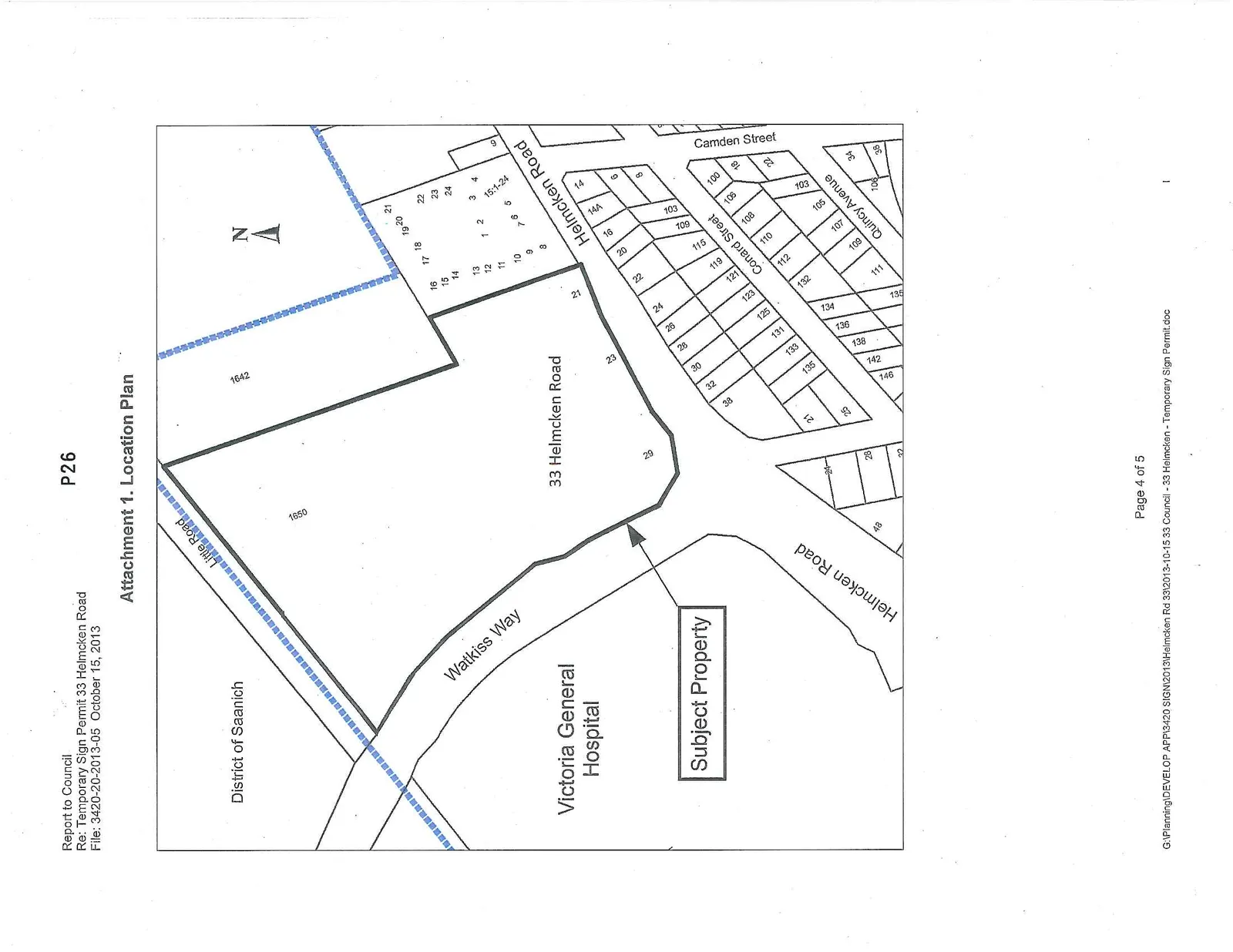 Location plan map identifying the Subject Property at 33 Helmcken Road, situated between Watkiss Way and Helmcken Road, adjacent to the Victoria General Hospital and the District of Saanich boundary.