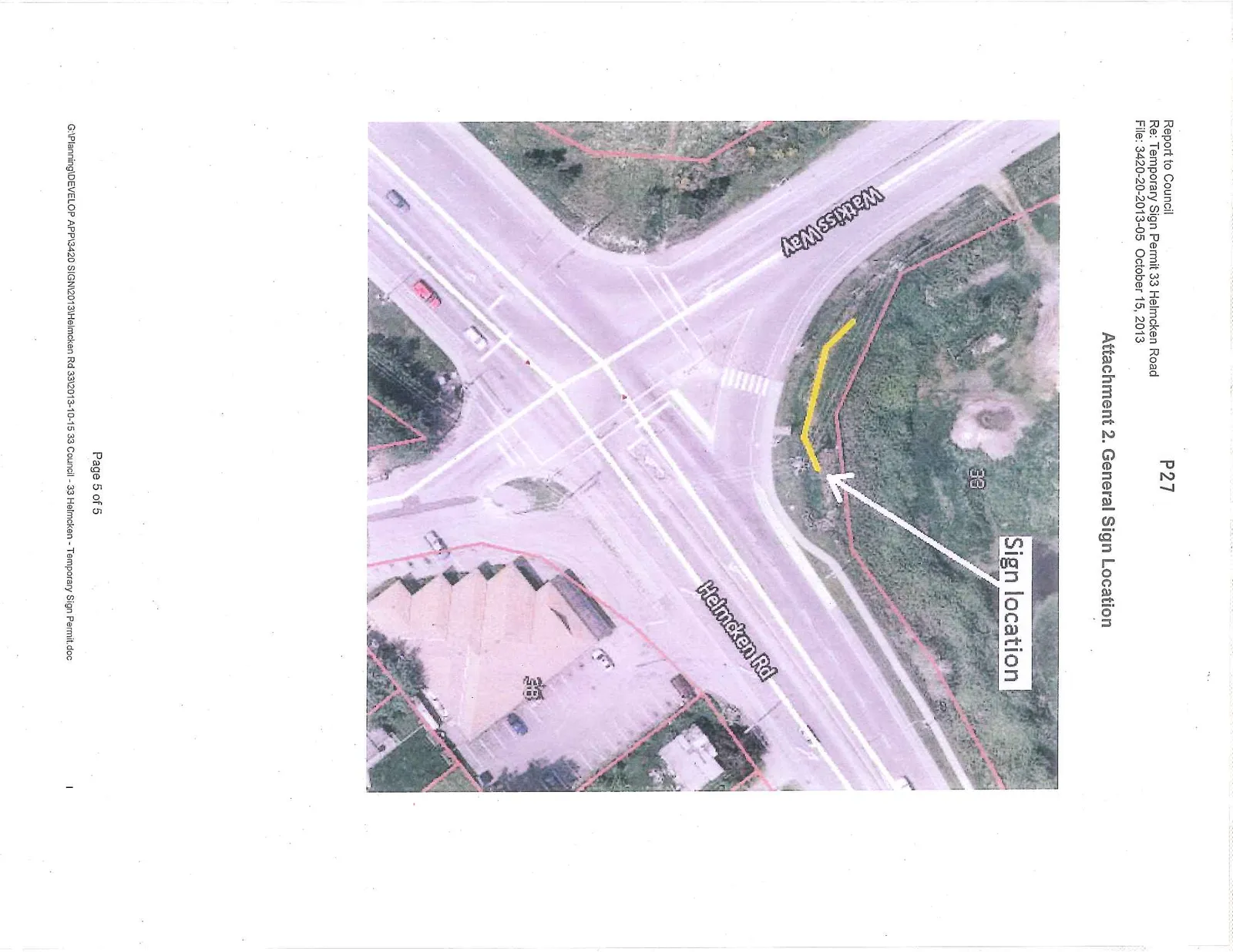 Aerial map showing the intersection of Watkiss Way and Helmcken Road, with a white arrow and yellow line indicating the sign location near property 33