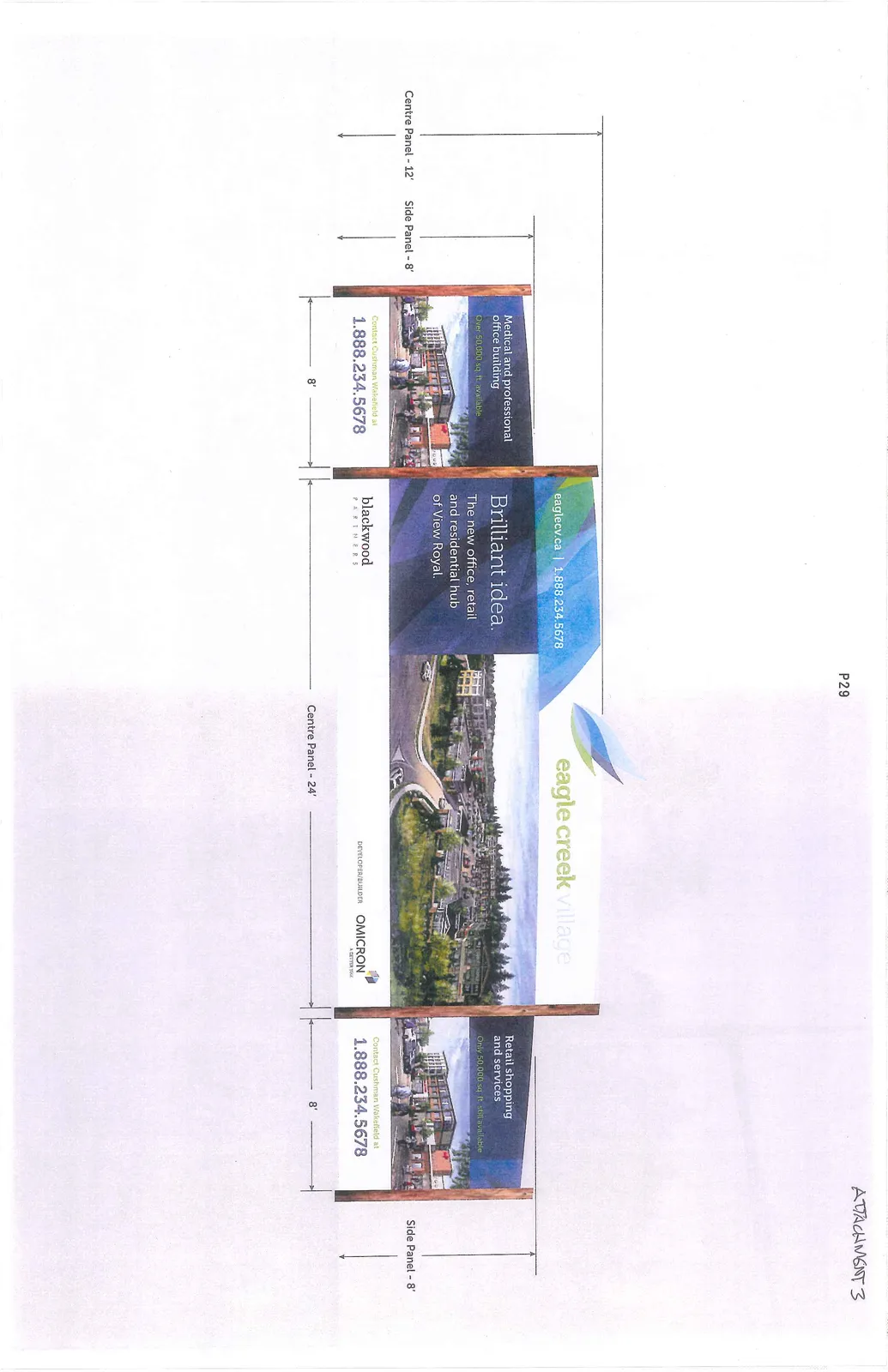 Rendering and schematic for eagle creek village development signage including dimensions and advertising copy