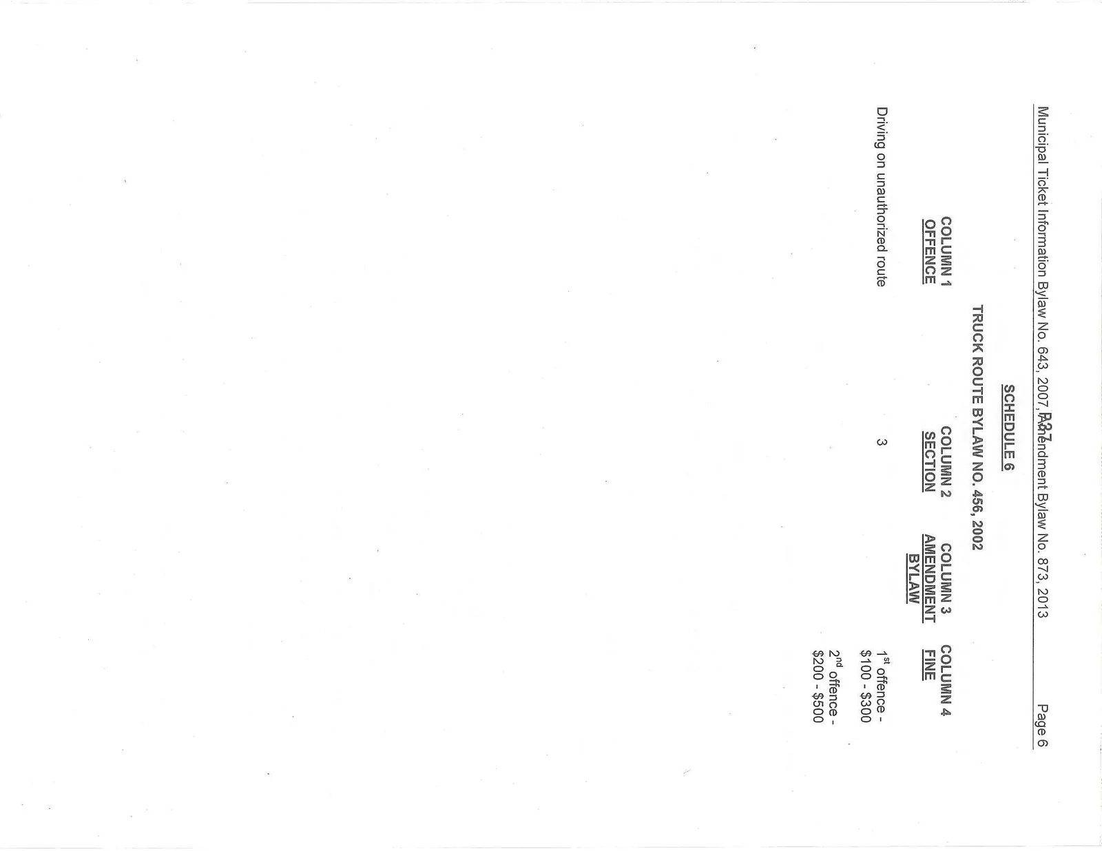 Schedule 6 Truck Route Bylaw No. 456 offences list