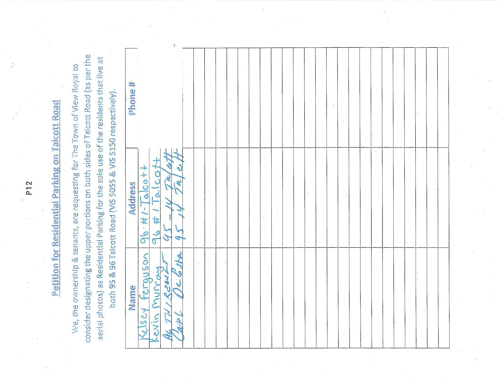 Second page of the Petition for Residential Parking on Talcott Road