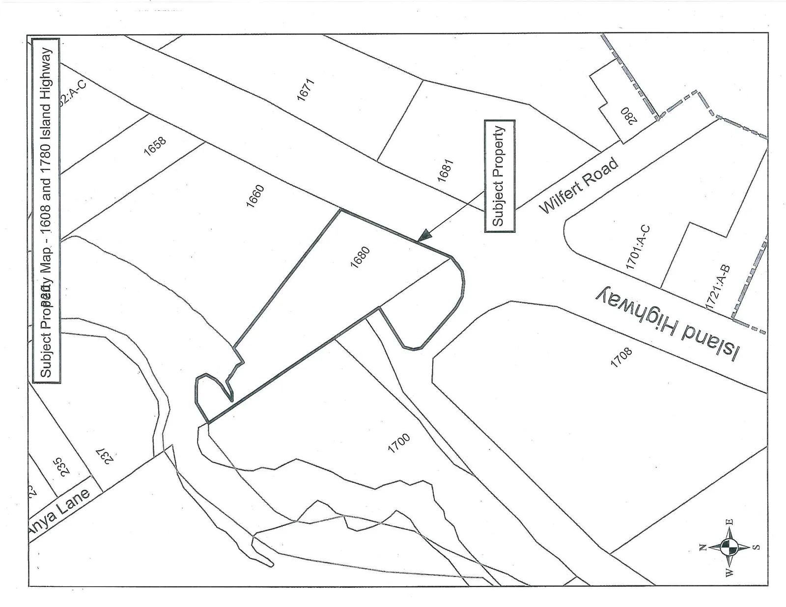 A map showing the subject property at 1608 and 1780 Island Highway. The map highlights parcel 1680 and adjacent land as the Subject Property. Identifiable features and labels include:
- **Roads:** Island Highway, Wilfert Road, and Anya Lane.
- **Parcel Numbers:** 23, 235, 237, 1658, 1660, 1671, 1680 (Subject Property), 1681, 1700, 1708, 1701:A-C, 1721:A-B, 280, and 2:A-C.
- **Compass Rose:** Indicating North orientation.