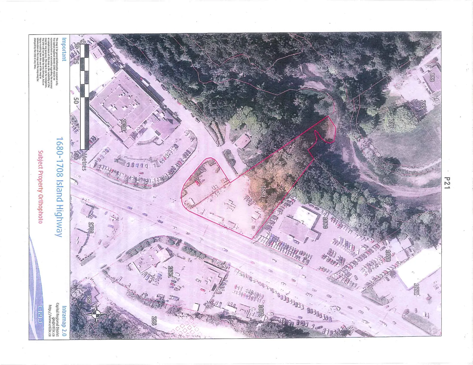 An orthophoto map of the properties at 1680-1708 Island Highway. The subject property is outlined in a red border. Surrounding parcels and buildings are labeled with addresses including 233, 235, 237, 1652, 1658, 1660, 1671, 1681, 1700, 1701, 280, and 286. A scale bar indicates distances up to 100 Metres.