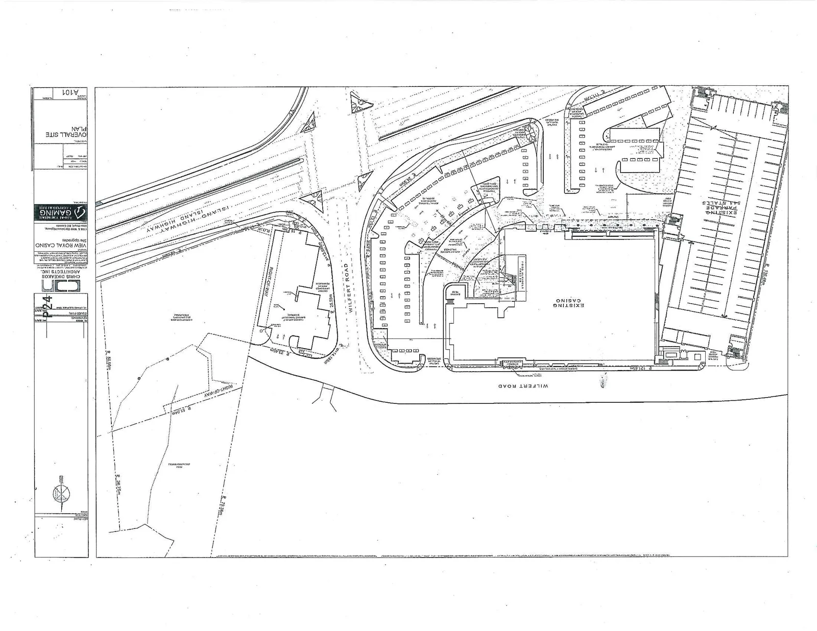 Architectural site plan (Sheet A101) for View Royal Casino site upgrades, detailing the layout of the existing casino building, parkade, surrounding roads (Wilfert Road and Island Highway), and various site features such as drop-off zones and rights-of-way.