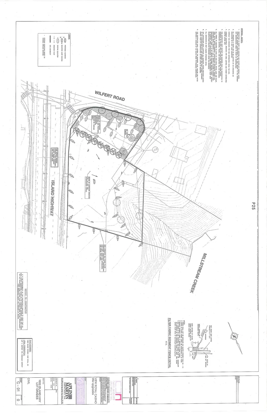 Site plan for View Royal Casino Site Upgrades showing proposed lot grades, Wilfert Road, Island Highway, and Millstream Creek.