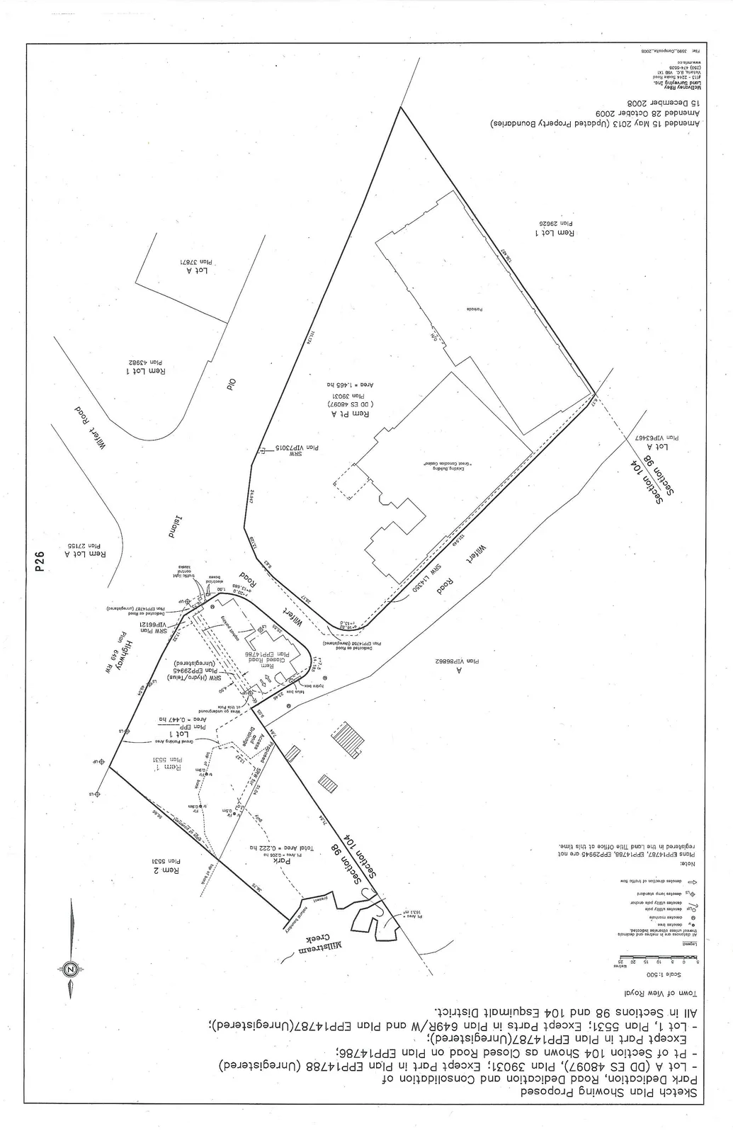 Survey plan showing proposed property consolidation, park dedication, and road dedication for several lots in Sections 98 and 104 of the Esquimalt District, including areas for a park, gravel parking, and an existing building labeled "Great Canadian Casino" adjacent to Wilfert Road and Millstream Creek.