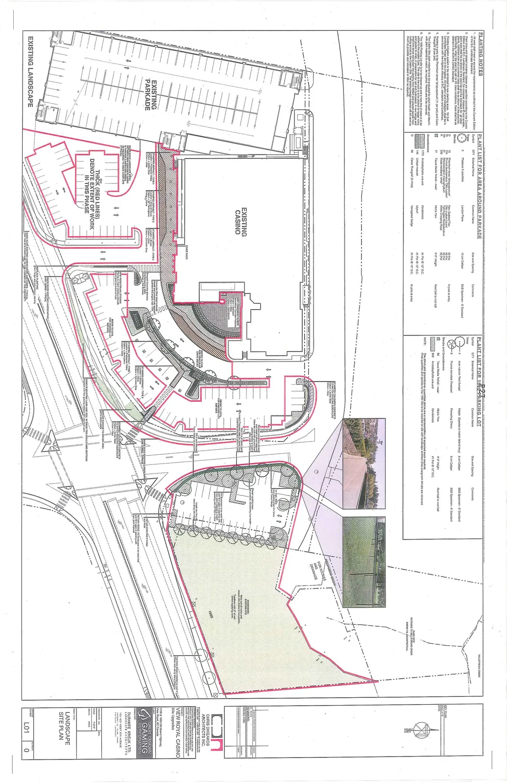 Landscape site plan detailing proposed site upgrades for the existing casino and parkade, with work areas highlighted by thick red lines