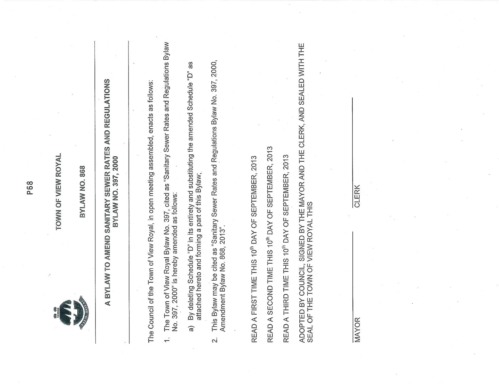 Front page of Bylaw No. 868