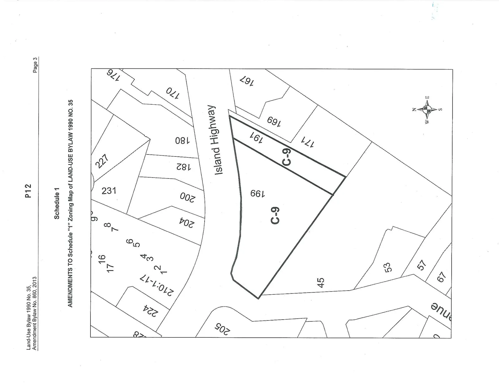 Zoning map titled Schedule 1 showing the rezoning of properties at 191 and 199 Island Highway to C-9