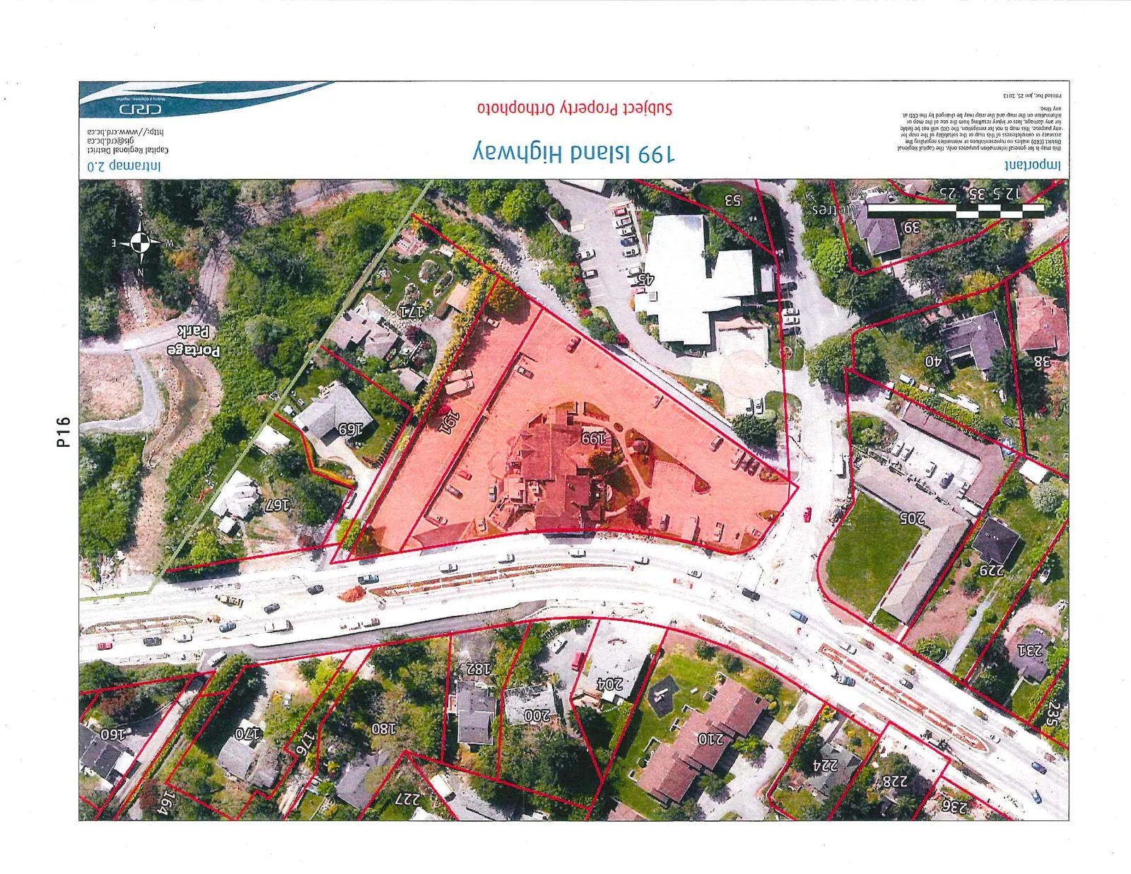 Aerial orthophoto map showing the subject property at 199 Island Highway highlighted with a red boundary. Surrounding properties and their addresses are visible, including 38, 39, 40, 45, 53, 160, 164, 167, 169, 170, 171, 176, 180, 182, 191, 204, 205, 210, 224, 227, 228, 229, 231, 235, and 236. Portage Park is located to the east of the site.