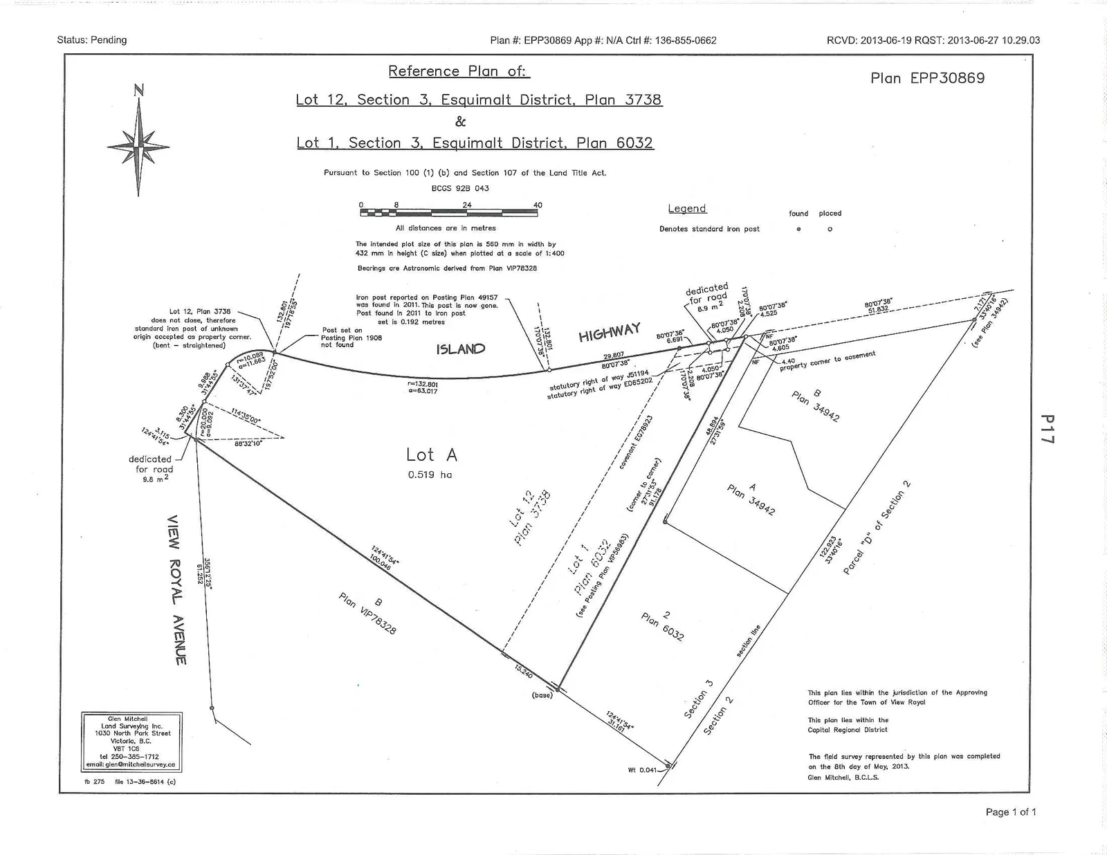 Detailed survey plan map of Lot A, showing dimensions, bearings, and adjacent properties including Island Highway, View Royal Avenue, and various survey plans.