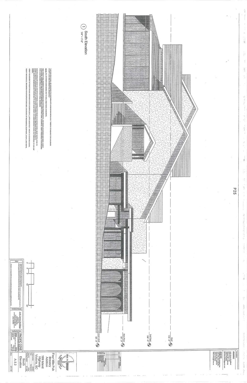 Architectural drawing showing the South Elevation of the brewery addition