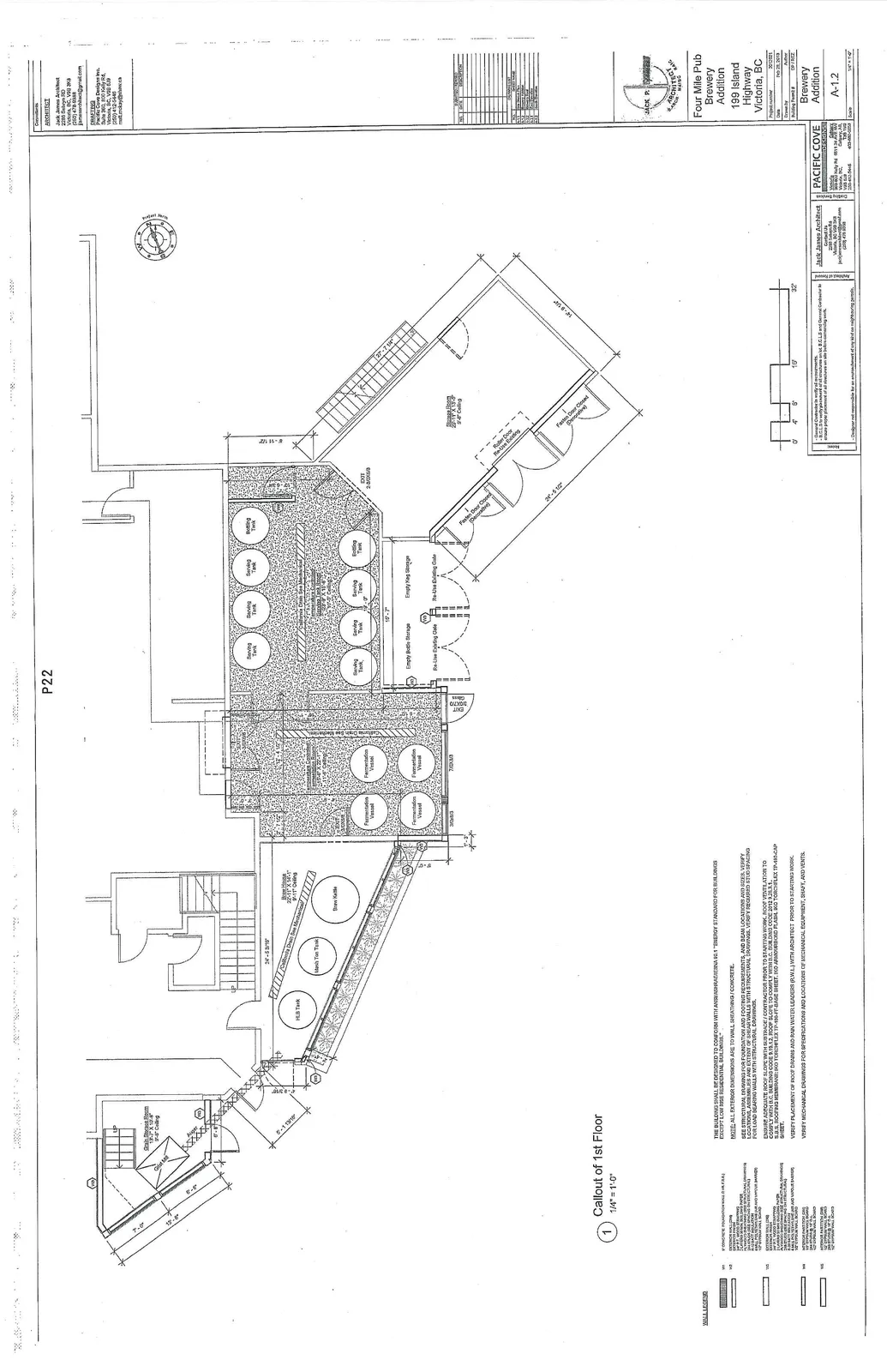 Detailed 1st floor plan for the brewery addition featuring brewing equipment, tanks, and storage areas