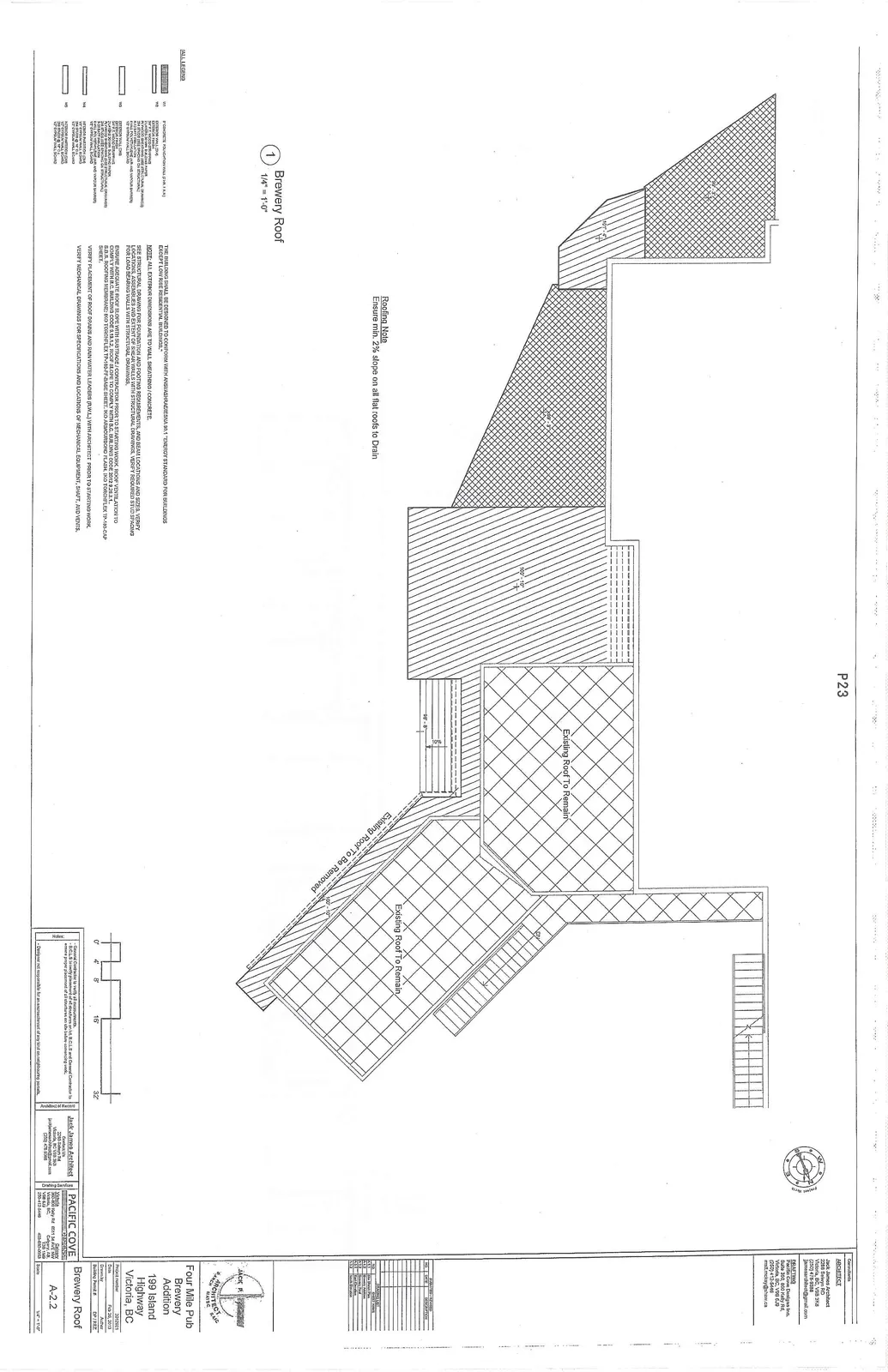 Roof plan for the brewery addition showing roof slopes and existing roof areas