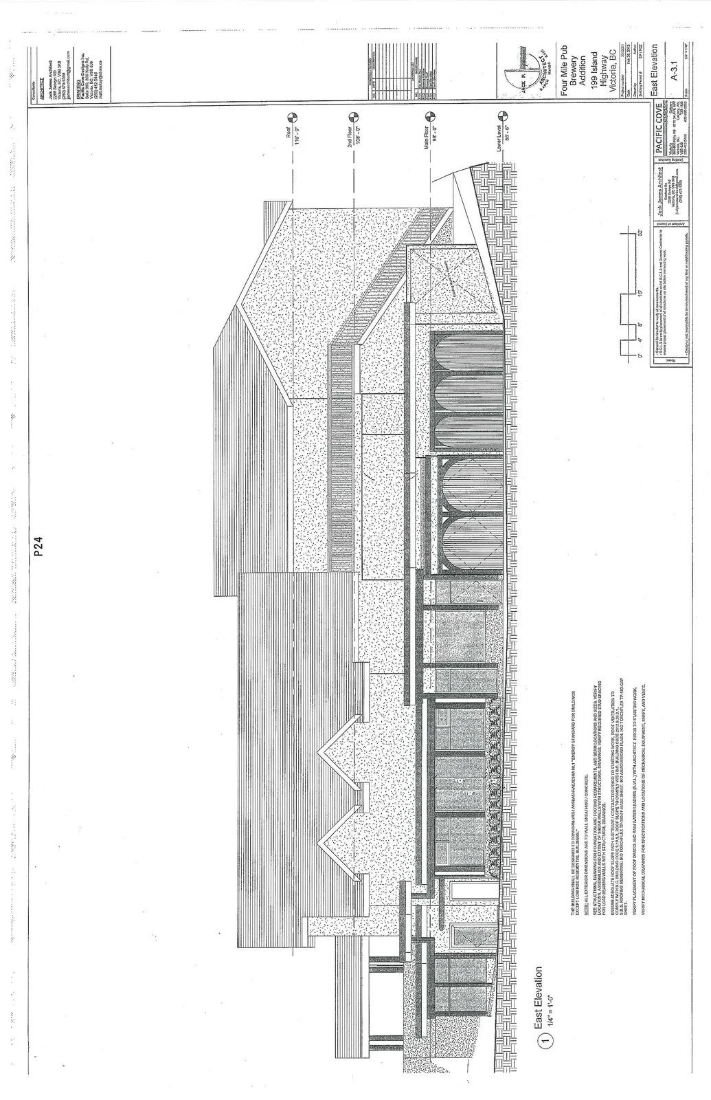 Architectural drawing showing the East Elevation of the brewery addition