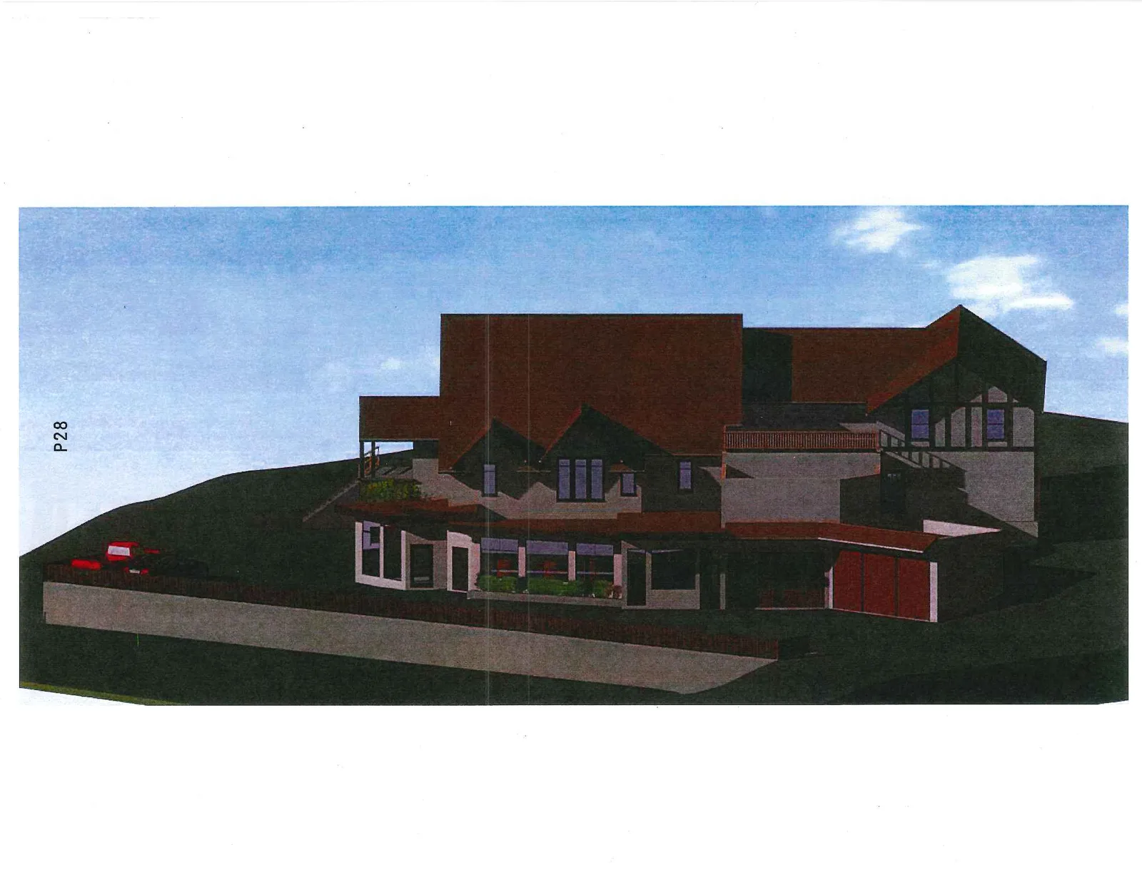 3D architectural rendering of house exterior from a distance including driveway and vehicle