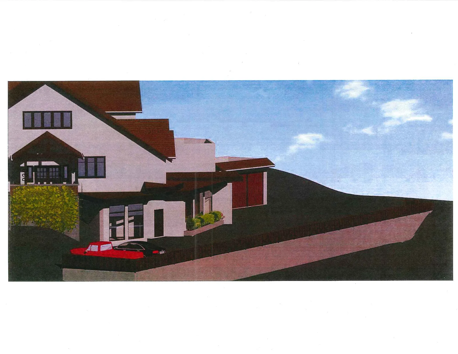 3D architectural rendering of house side elevation with red vehicle